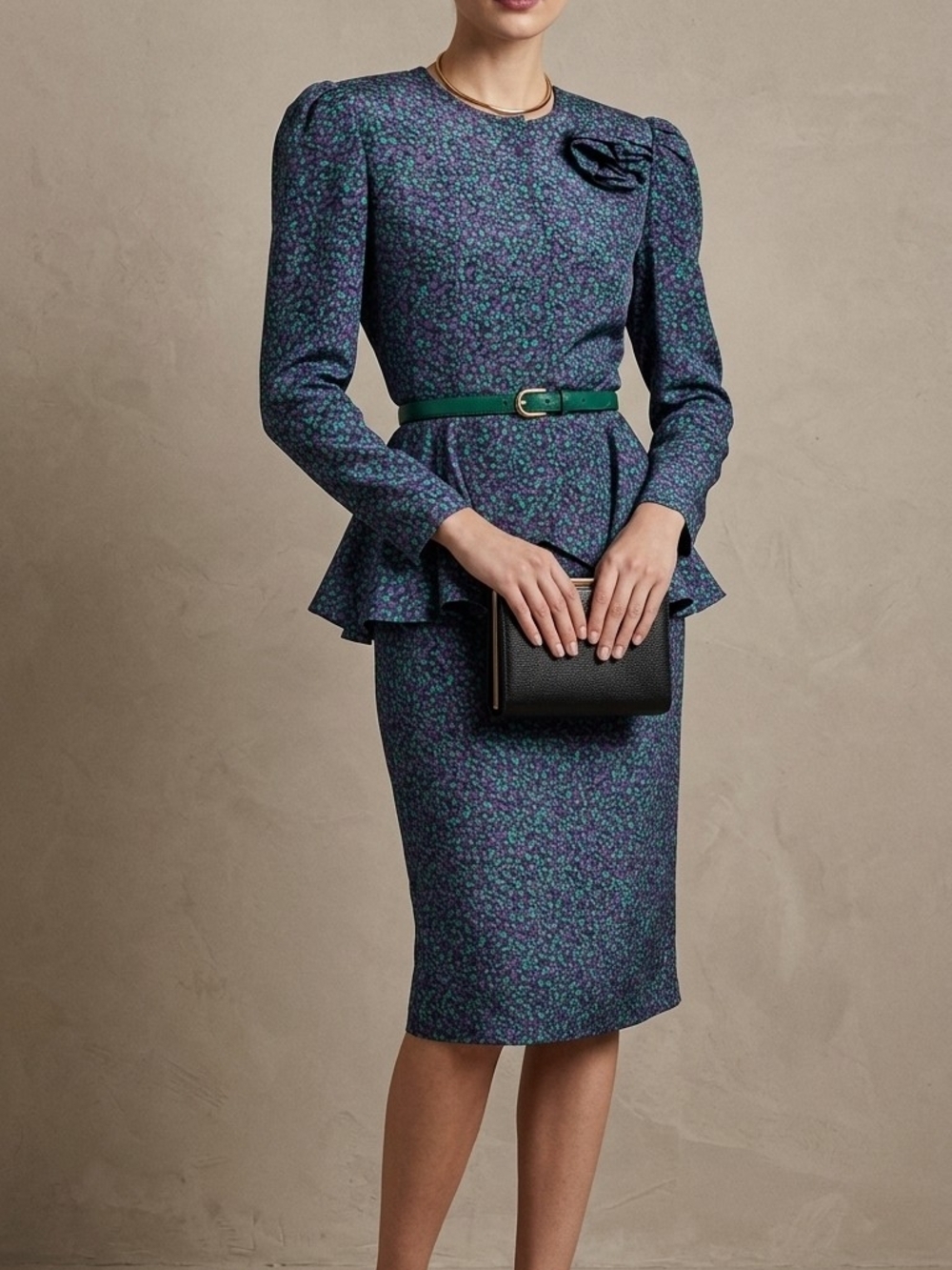 Raul Blanco 80s Silk Peplum Skirt Suit Set Purple Green Confetti Pattern Sz 8